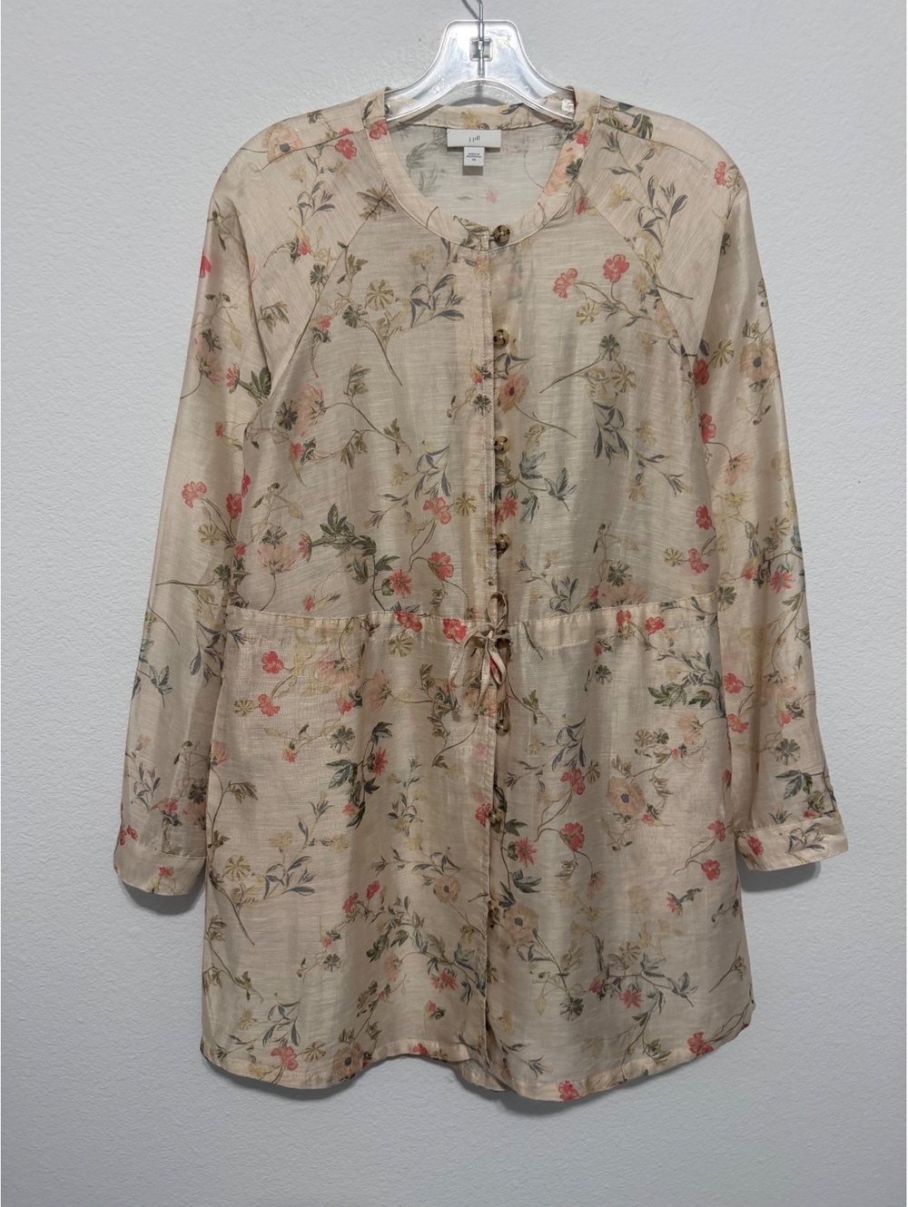 J. Jill Linen Blend Sheer Long Sleeve Button Up Drawstring Tunic Shirt Size XS